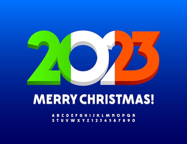 Vector bright Greeting Card Merry Christmas 2023 with Italian Flag. Modern 3D Font. White Alphabet