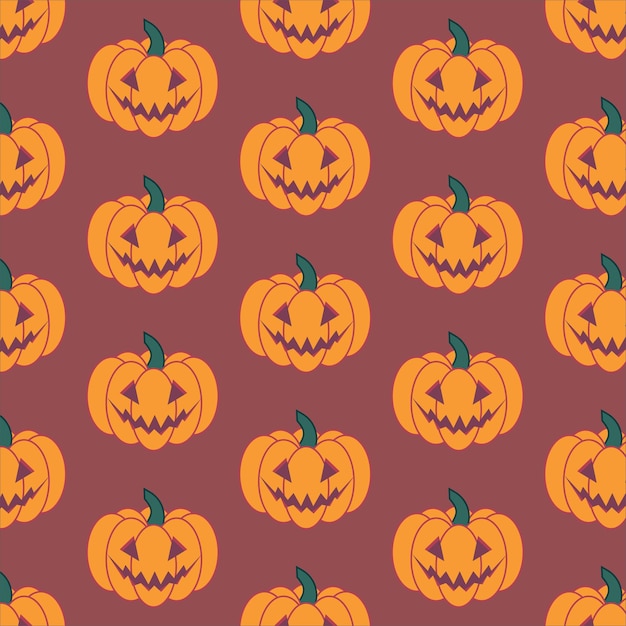 Vector bright orange Halloween pattern with pumpkins with smiling faces