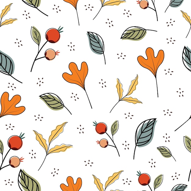 Vector bright seamless autumn pattern. Dry fallen oak leaves, twigs and berries.