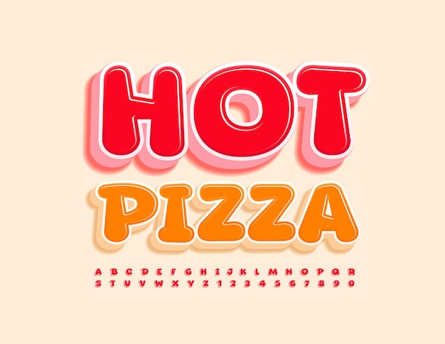 Vector bright Sign Hot Pizza Red 3D Font Alphabet Letters and Numbers set