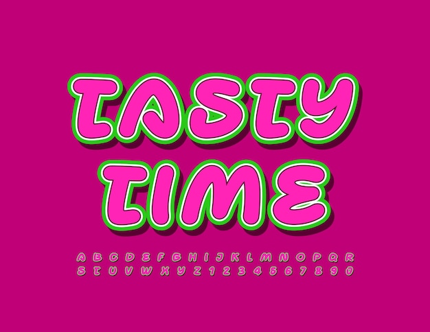 Vector bright Sign Tasty Time. Handwritten colorful Font. Original Alphabet Letters and Numbers set