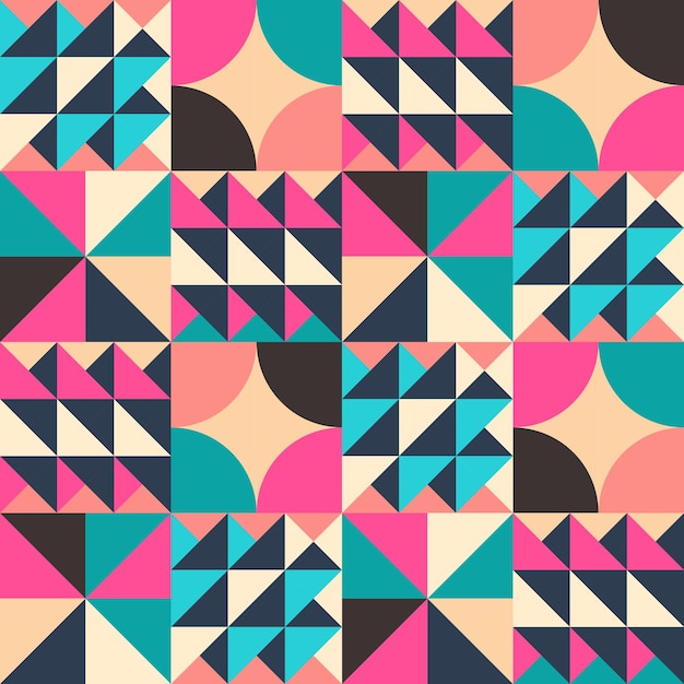 Vector bright summer seamless pattern assembled from squares with geometric ornaments Vector endless background in modern style