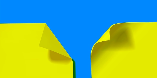 Vector bright yellow paper with curled and folded corners on blue paper