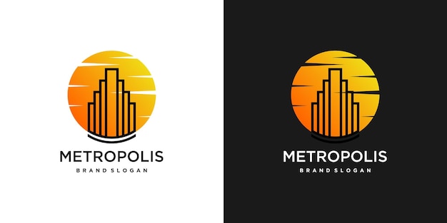 Vector building logo with line art and rising sun Premium Vector