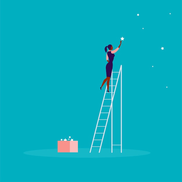 Vector business concept illustration with business lady standing on stairs and reaching star on the sky. Blue background. Reach your dream, aspirations and solutions - metaphor.