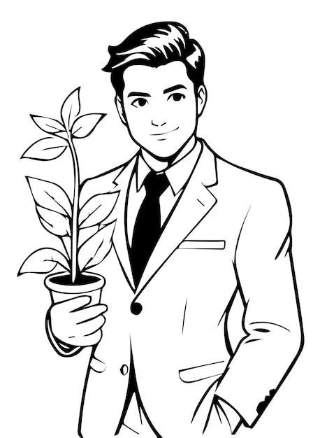 vector business man with plant black illustration