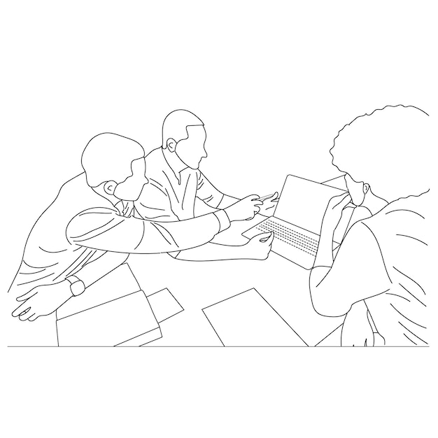 Vector business meeting discussion between workers in cafe round table cartoon Line art