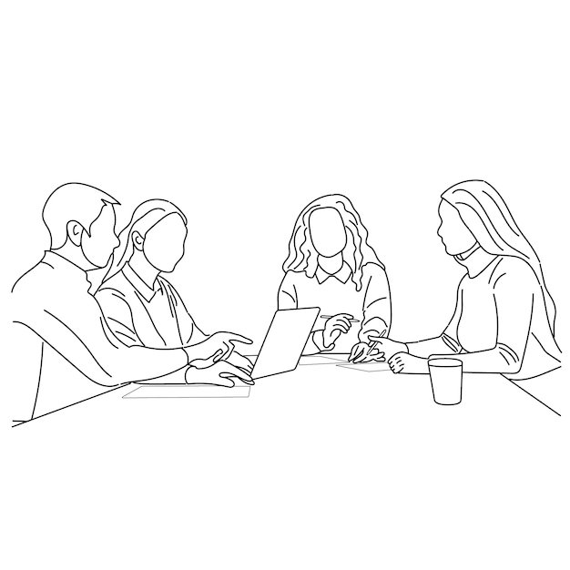 Vector business meeting discussion between workers in cafe round table cartoon Line art