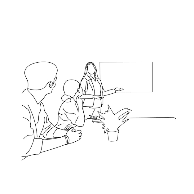 Vector business meeting discussion between workers in cafe round table cartoon Line art