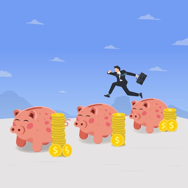 Vector businessman jumping from piggy bank Investment growth concept design vector illustration