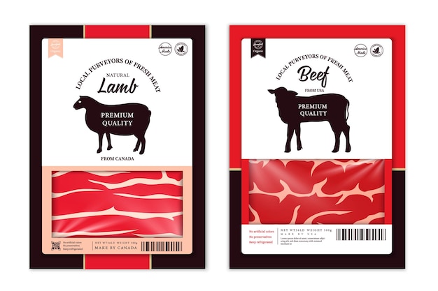 Vector butchery labels with farm animal silhouettes. Cow, chicken, pig, lamb turkey and duck icons and meat textures for groceries, meat stores, packaging and advertising