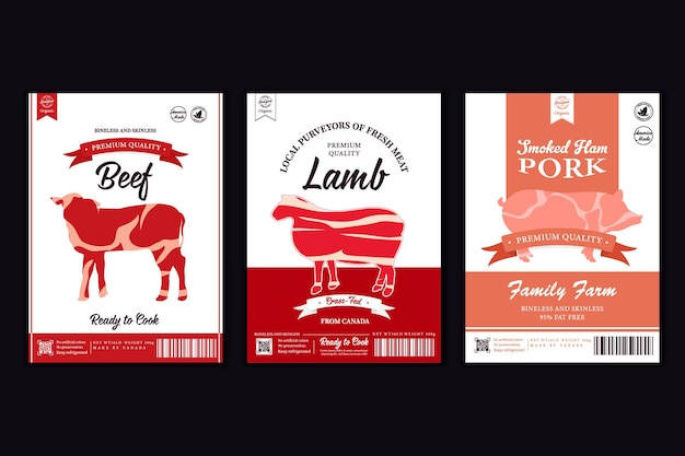 Vector butchery labels with farm animal silhouettes. Cow, chicken, pig, lamb turkey and duck icons and meat textures for groceries, meat stores, packaging and advertising