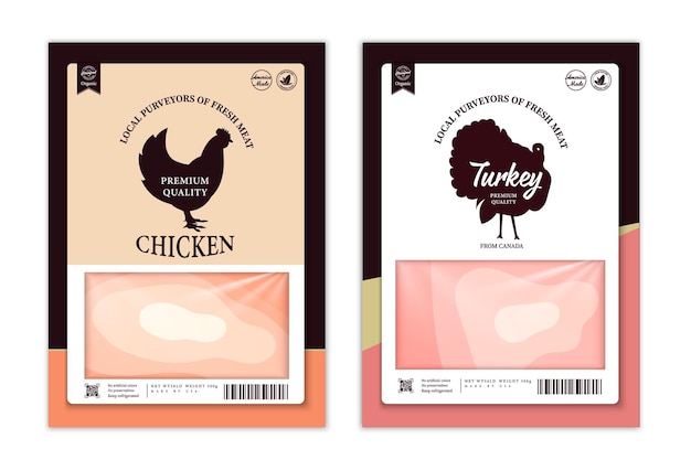 Vector butchery labels with farm animal silhouettes. Cow, chicken, pig, lamb turkey and duck icons and meat textures for groceries, meat stores, packaging and advertising