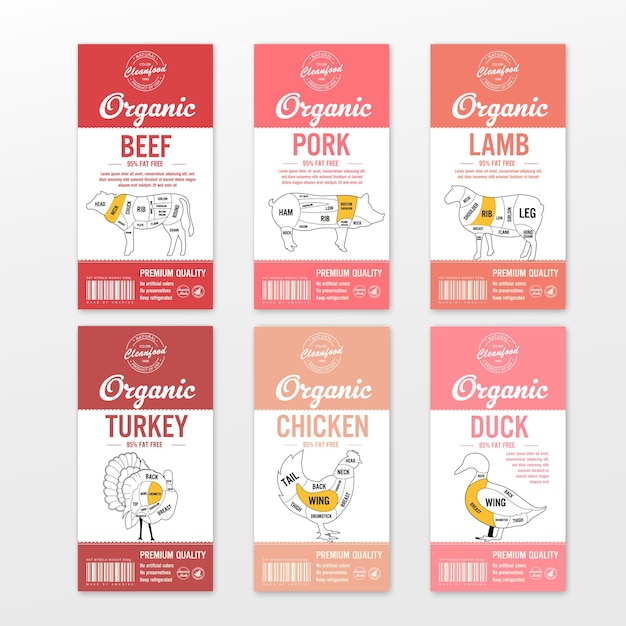 Vector butchery labels with farm animal silhouettes. Cow, chicken, pig, lamb turkey and duck icons and meat textures for groceries, meat stores, packaging and advertising