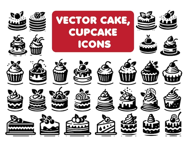 Vector cake cupcake icons in black and white minimal style perfect for bakery branding