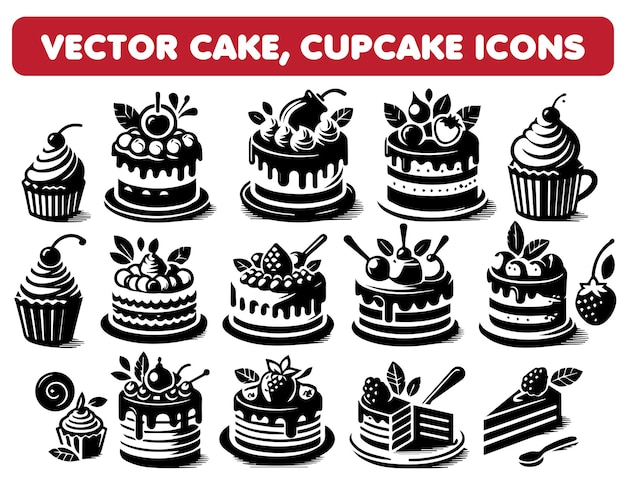 Vector cake and cupcake icons black and white perfect for menus and festive designs