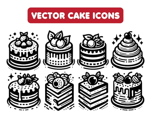 Vector cake icons black and white handdrawn style illustration perfect for bakery logos