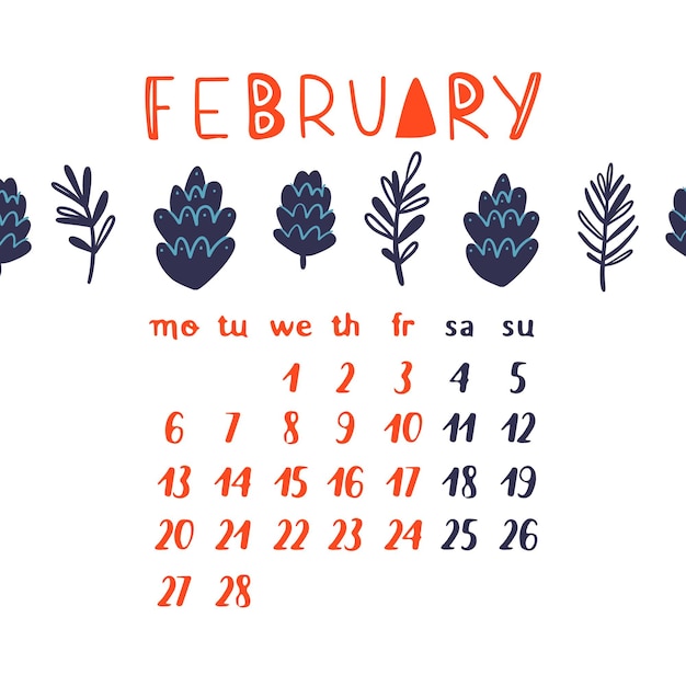 Vector calendar for february 2023 with bright red winter flowers Cartoon style month calendar with typographic inscription