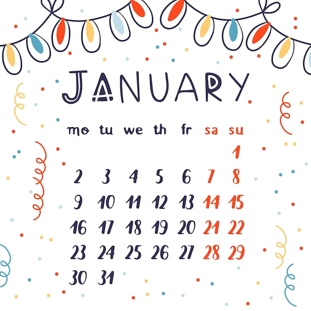 Vector calendar for january 2023 with bright red winter flowers Cartoon style month calendar with typographic inscription