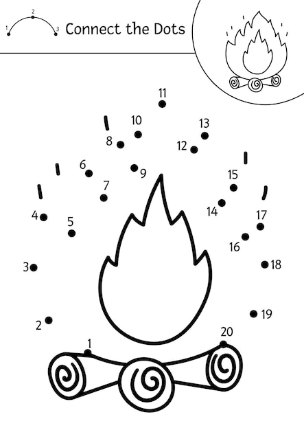 Vector camping dottodot and color activity with cute fire on logs Summer camp connect the dots game for children Funny adorable road trip coloring page for kids xA