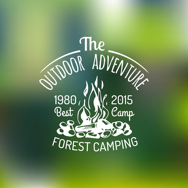 Vector camping logo on blurred background Hand drawn tourist poster or card Hipster emblem of outdoor adventures