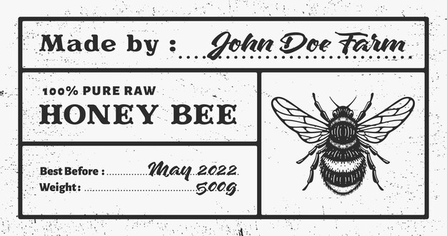 Vector vector card template with honey bee and space for text pure raw honey label monochrome design bla