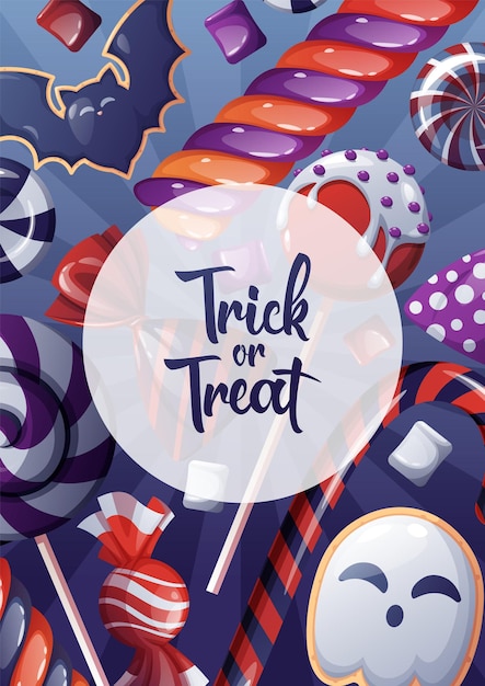 Vector card with Halloween sweets or poster for the holiday with handwritten coligraphy Party invitation trick or treat