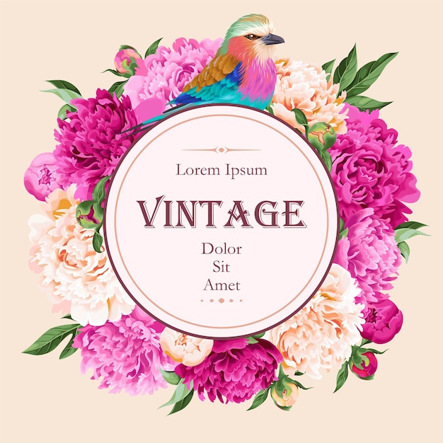 Vector card with peonies and a birdin vintage style