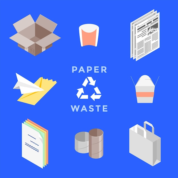 Vector cardboard package newspapers letters papers tubes bags recycle wastepaper management set