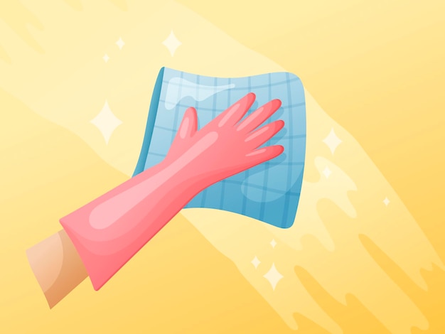 Vector vector cartoon banner on the theme of cleaning. a hand in a rubber glove wipes the surface with a cloth or napkin until it shines.