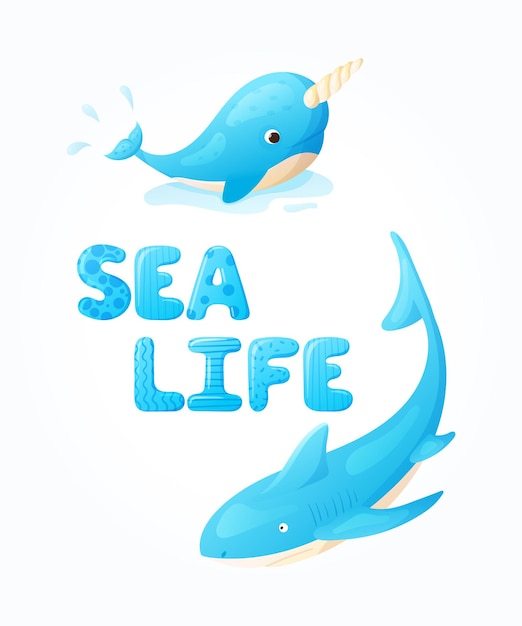 Vector cartoon banner with sea life text and cute narwhal and shark illustrations