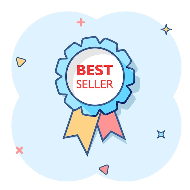 Vector cartoon best seller ribbon icon in comic style Medal sign illustration pictogram Bestseller business splash effect concept