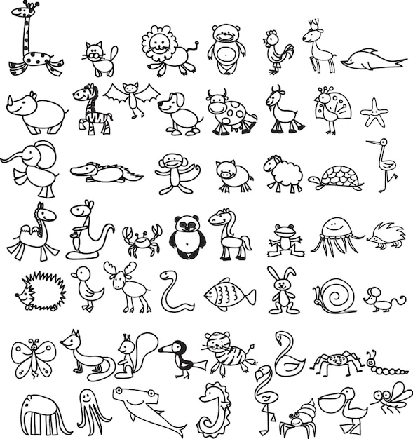 Vector cartoon big set of cute doodle animals Perfect for postcard birthday baby book children room Lamb crocodile zebra camel octopus whale shark wolf cow snail