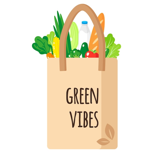 Vector cartoon burlap grocery bag with eco quot with healthy organic food. Caring for the environment concept. Eco food shopping.