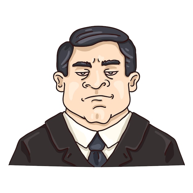 Vector Cartoon Business Avatar - Stern White Man in Black Suit. Male Character Portrait