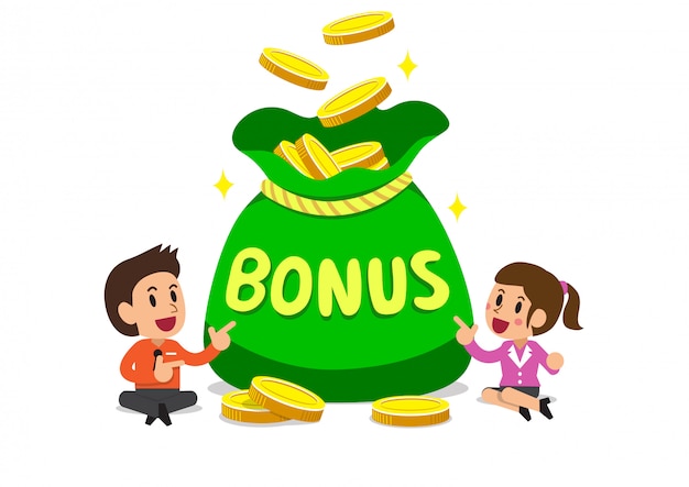 Vector cartoon business people with big bonus money bag