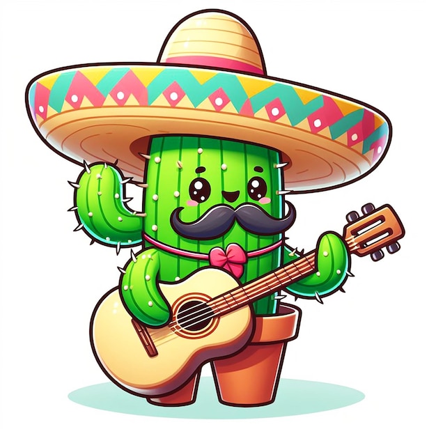 Vector vector a cartoon of a cactus with a mustache and a guitar