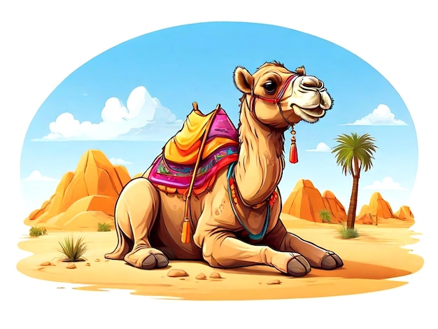 Vector Cartoon camel sitting in desert scene isolated