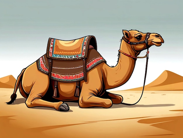 vector Cartoon camel with saddle sitting vector illustration isolated