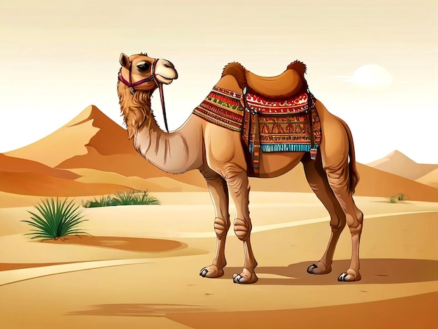 vector Cartoon camel with saddle sitting vector illustration isolated