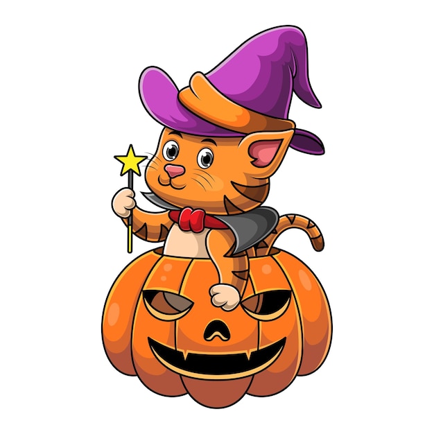 Vector cartoon cat in pumpkin on halloween