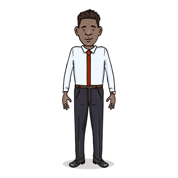 Vector Cartoon Character Afro American Man in White Shirt with Red Necktie