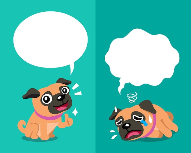 Vector cartoon character pug dog expressing different emotions with speech bubbles