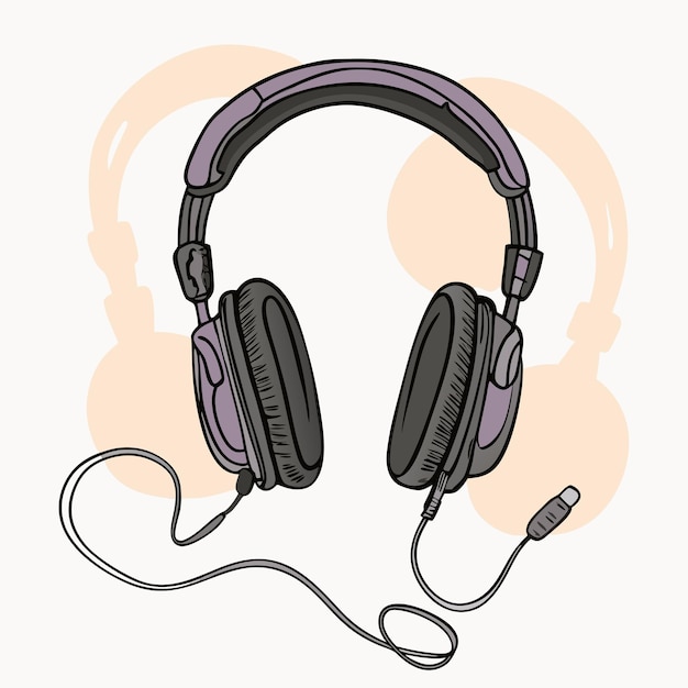 Vector vector cartoon circumaural headphones with wire on a white isolated background 6