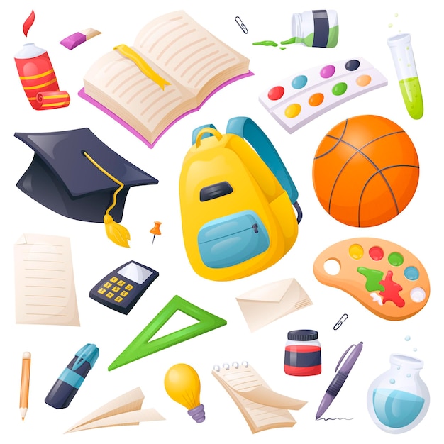 Vector cartoon collection of stationery and school or office supplies Subjects for study drawing and writing