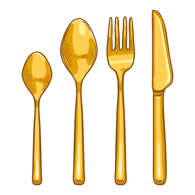 Vector Cartoon Color Set of Golden Cutlery Knife Fork Spoon Teaspoon