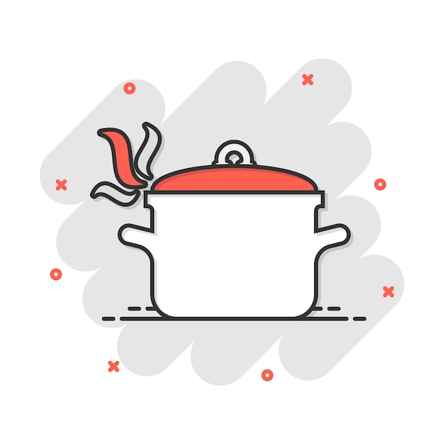 Vector cartoon cooking pan icon in comic style Kitchen pot concept illustration pictogram Saucepan equipment business splash effect concept