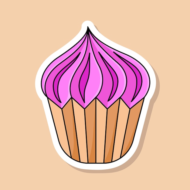 Vector cartoon cupcake sticker Isolated sweet dessert with pink butter cream