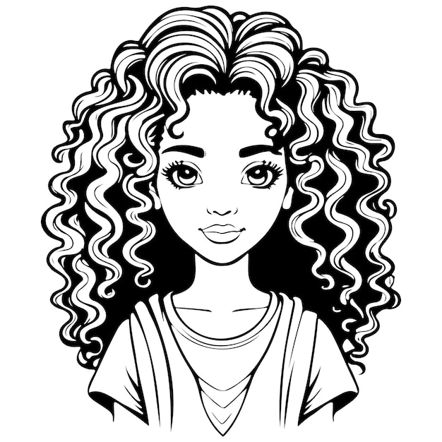 Vector vector cartoon curly hair drawing outline cartoon line vector engraving with transparent background