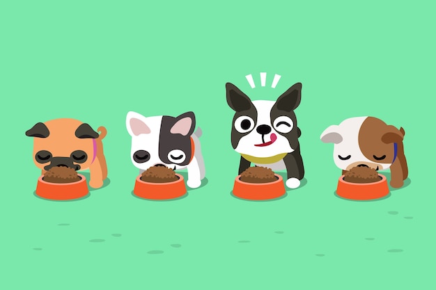 Vector cartoon cute dogs with food bowls